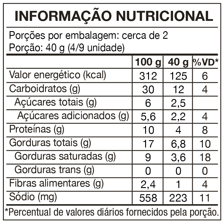 Tabela nutricional Croissant Presunto e Queijo 90g