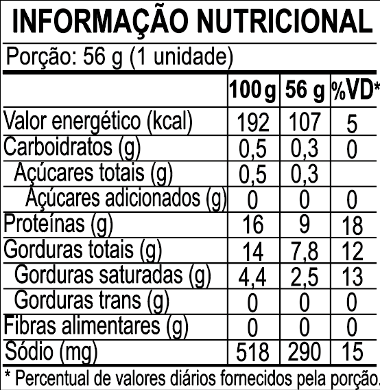 Tabela nutricional Hambúrguer 56g