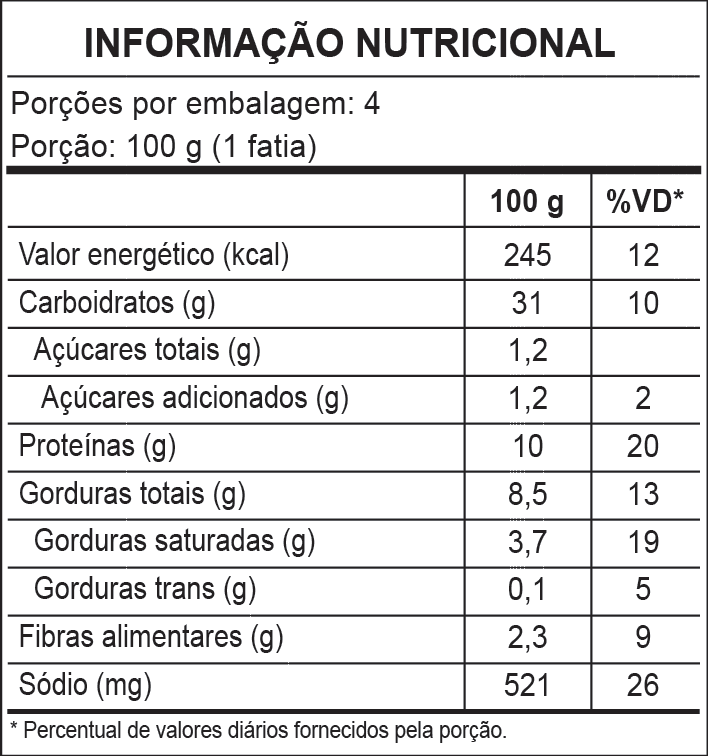 Tabela nutricional Pizza 4 Queijos 400g